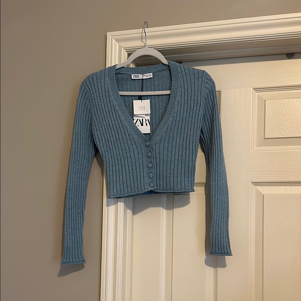 Zara Blue Ribbed Cropped V-Neck Cardigan